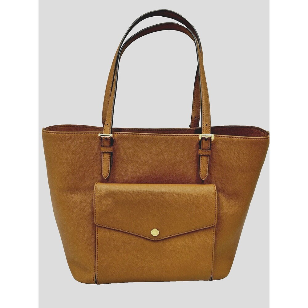 Michael Kors Jet Set Saffiano Leather Pocket Tote Bag Brown Acorn Multi Purpose